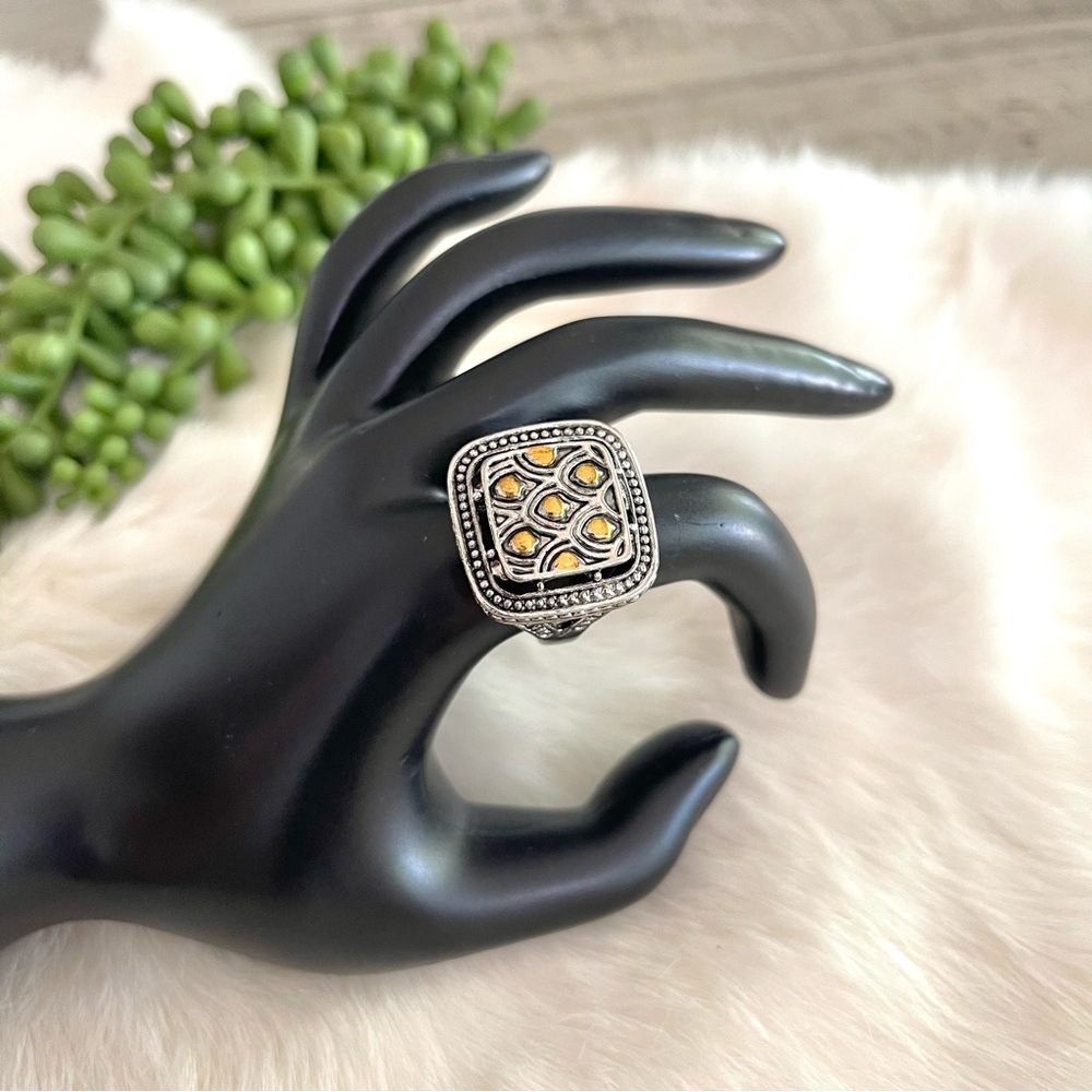 Silver and Gold Tone Square Shaped Statement Ring Size 7.5 - Picture 2 of 5